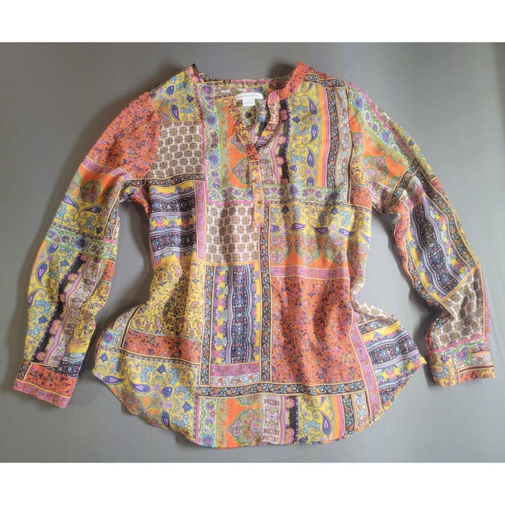Liz Claiborne Large Boho Paisley Patchwork Long Sleeve Blouse Top Chiffon Henley